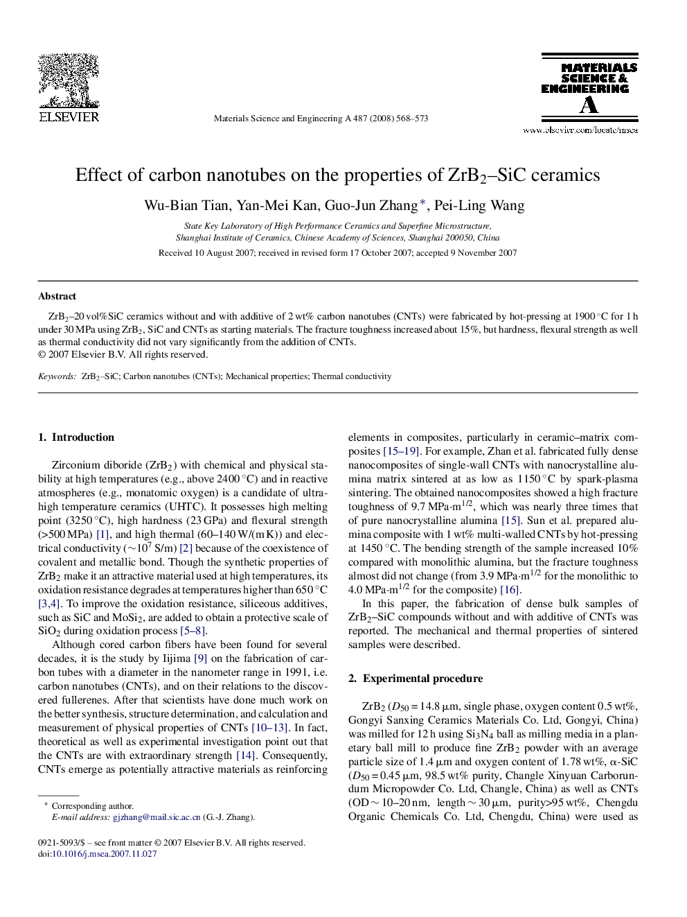 Effect of carbon nanotubes on the properties of ZrB2–SiC ceramics