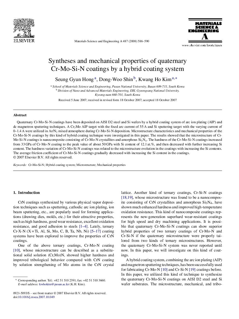 Syntheses and mechanical properties of quaternary Cr-Mo-Si-N coatings by a hybrid coating system