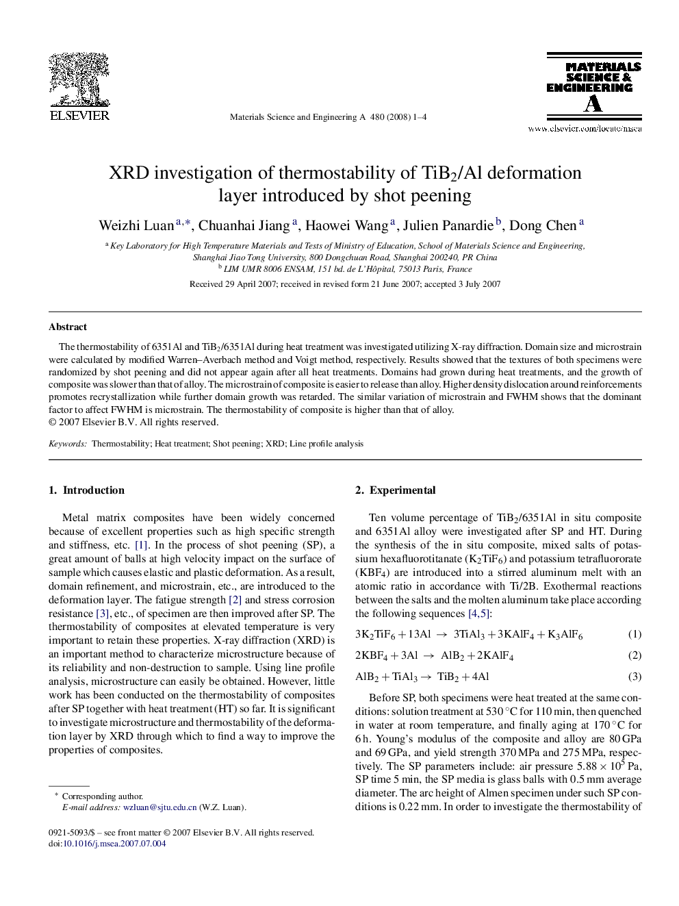 XRD investigation of thermostability of TiB2/Al deformation layer introduced by shot peening