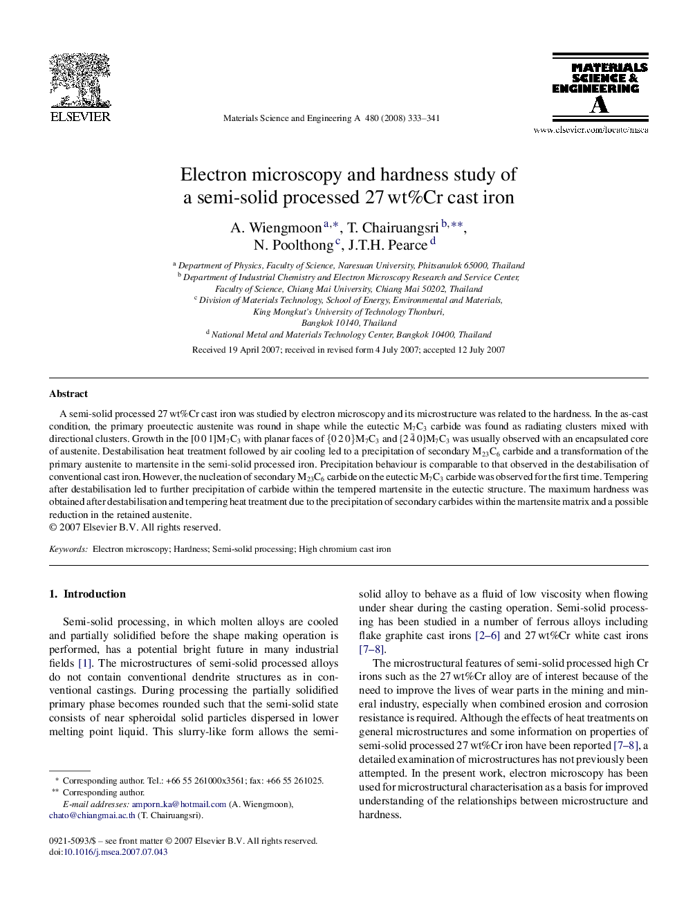 Electron microscopy and hardness study of a semi-solid processed 27Â wt%Cr cast iron