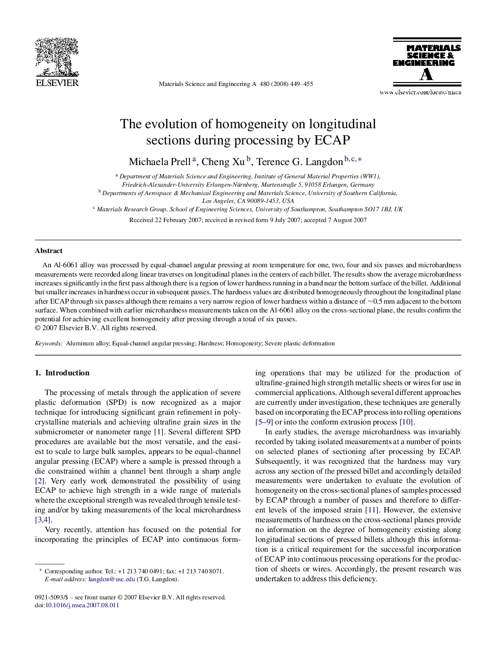 The evolution of homogeneity on longitudinal sections during processing by ECAP