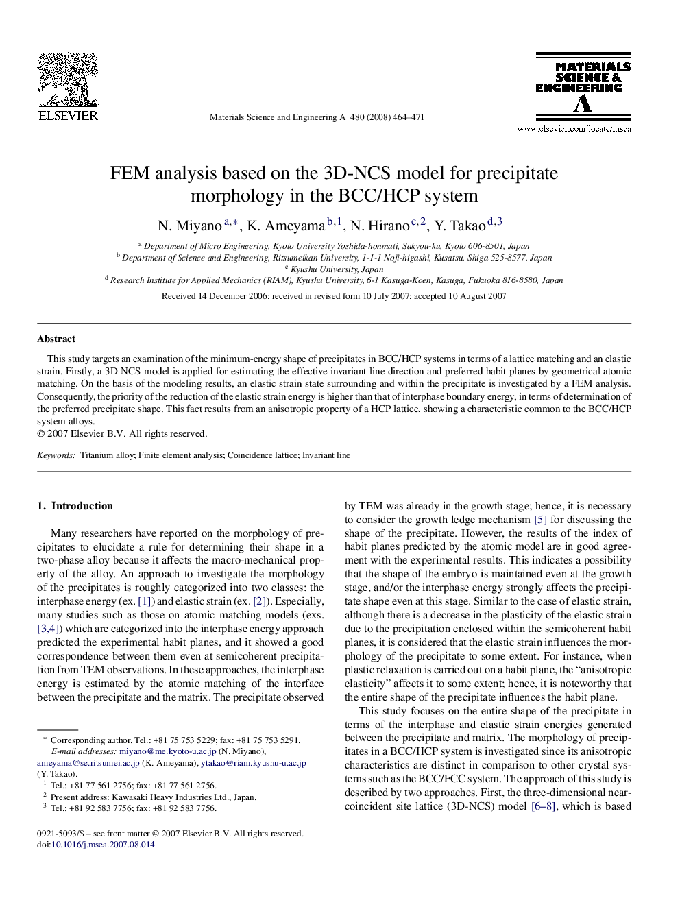 FEM analysis based on the 3D-NCS model for precipitate morphology in the BCC/HCP system