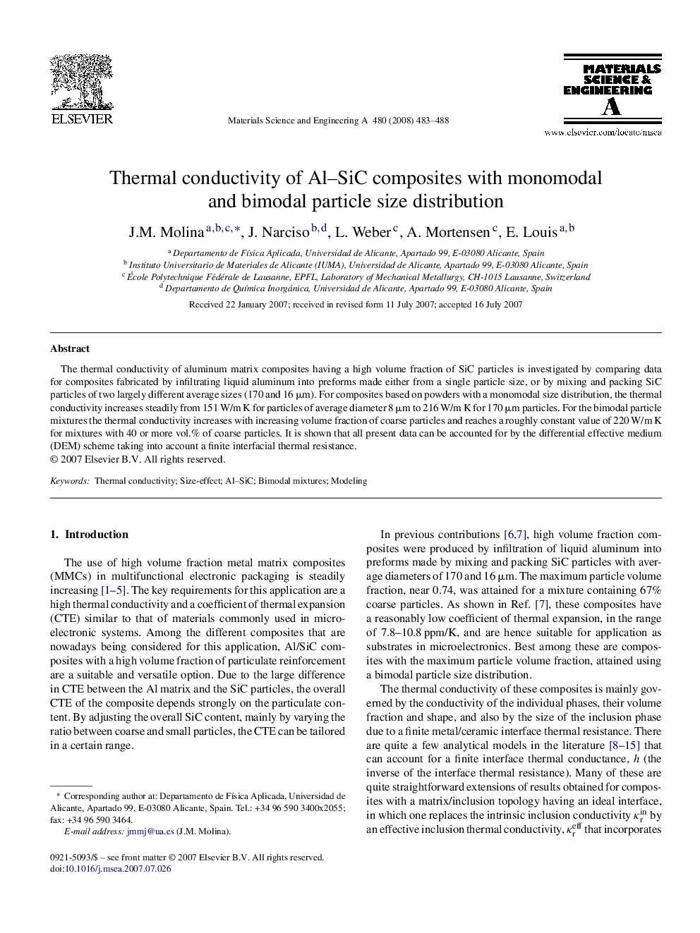 Thermal conductivity of Al–SiC composites with monomodal and bimodal particle size distribution