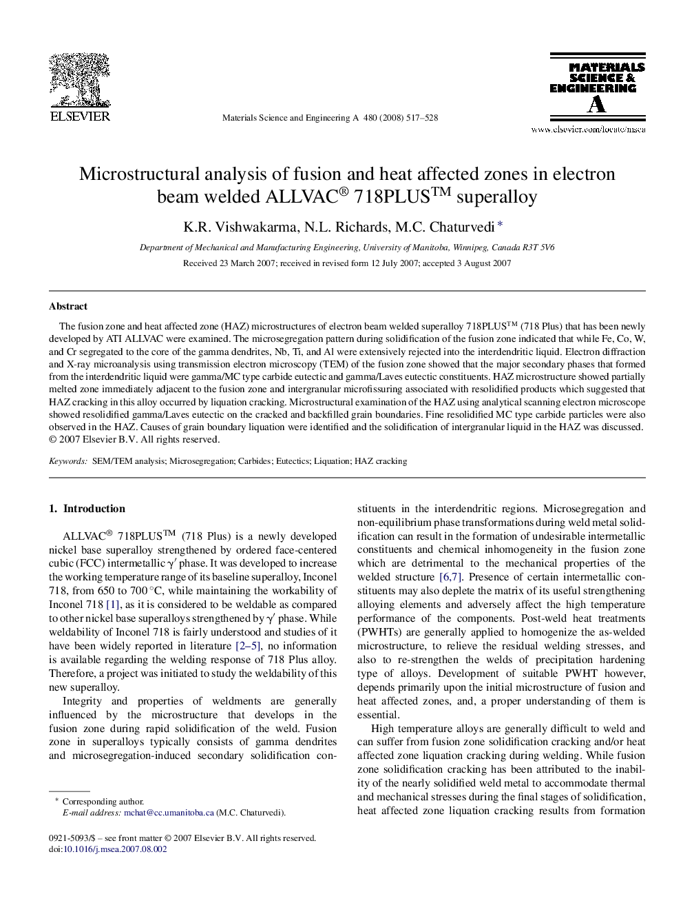 Microstructural analysis of fusion and heat affected zones in electron beam welded ALLVAC® 718PLUS™ superalloy