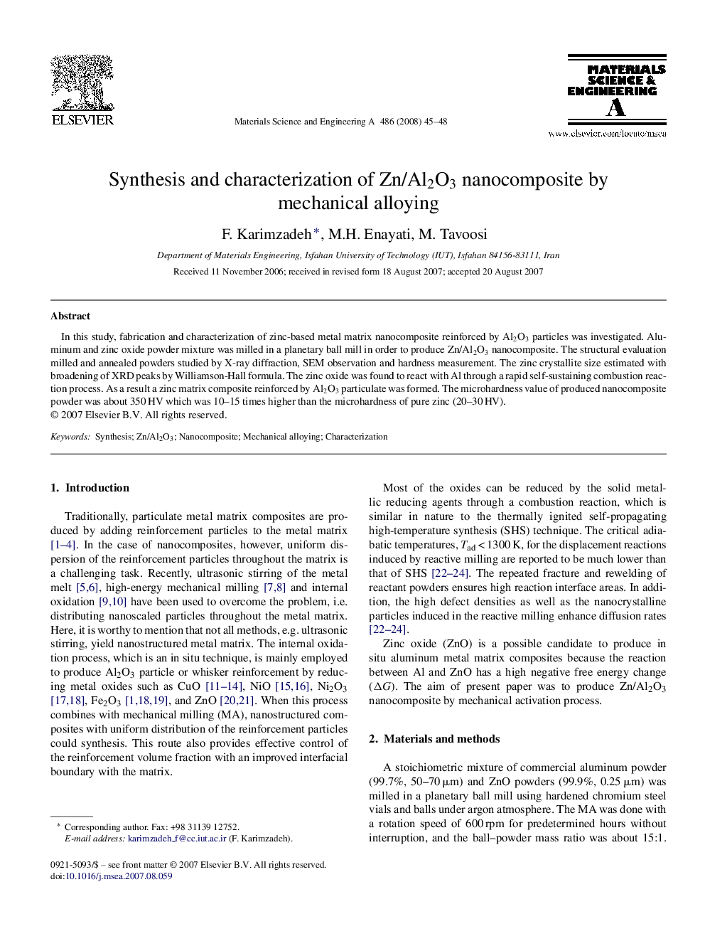 Synthesis and characterization of Zn/Al2O3 nanocomposite by mechanical alloying