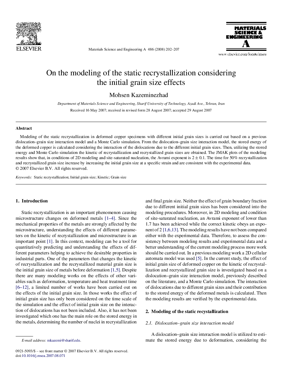 On the modeling of the static recrystallization considering the initial grain size effects