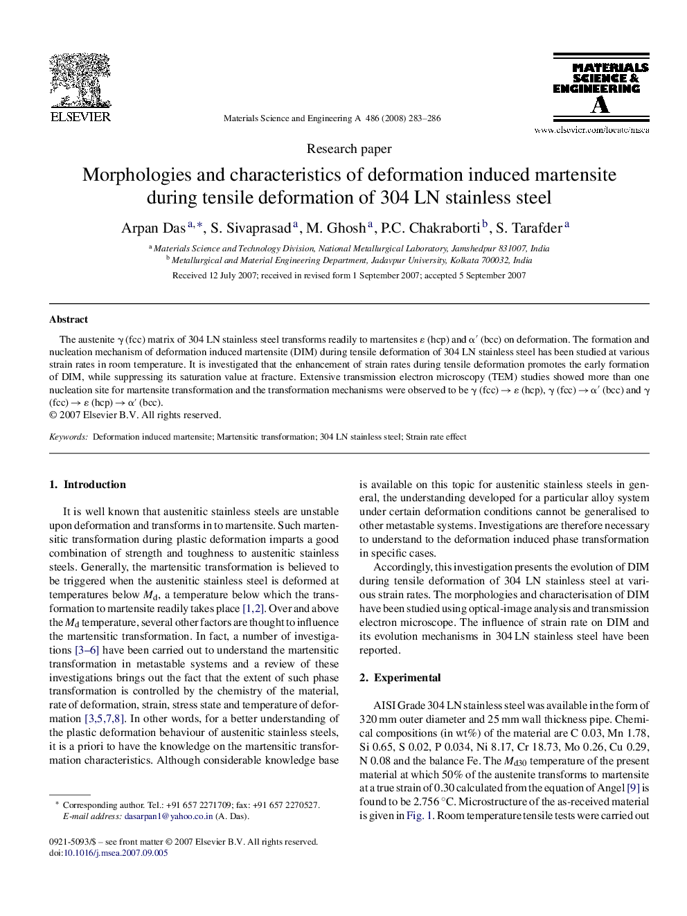 Morphologies and characteristics of deformation induced martensite during tensile deformation of 304 LN stainless steel