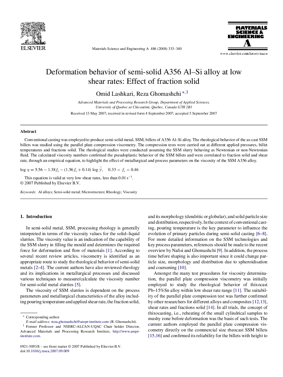 Deformation behavior of semi-solid A356 Al-Si alloy at low shear rates: Effect of fraction solid