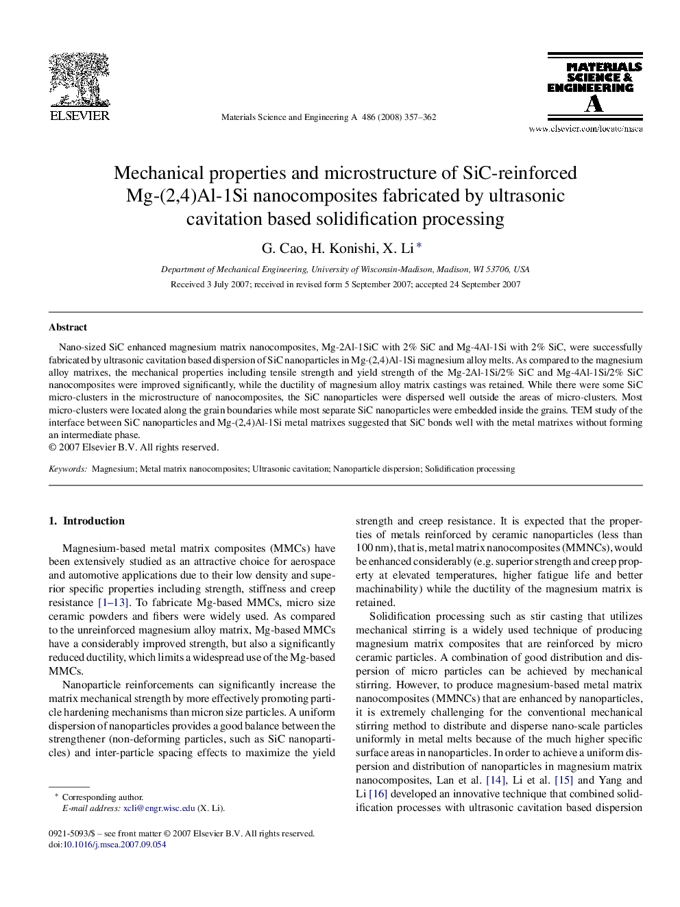 Mechanical properties and microstructure of SiC-reinforced Mg-(2,4)Al-1Si nanocomposites fabricated by ultrasonic cavitation based solidification processing