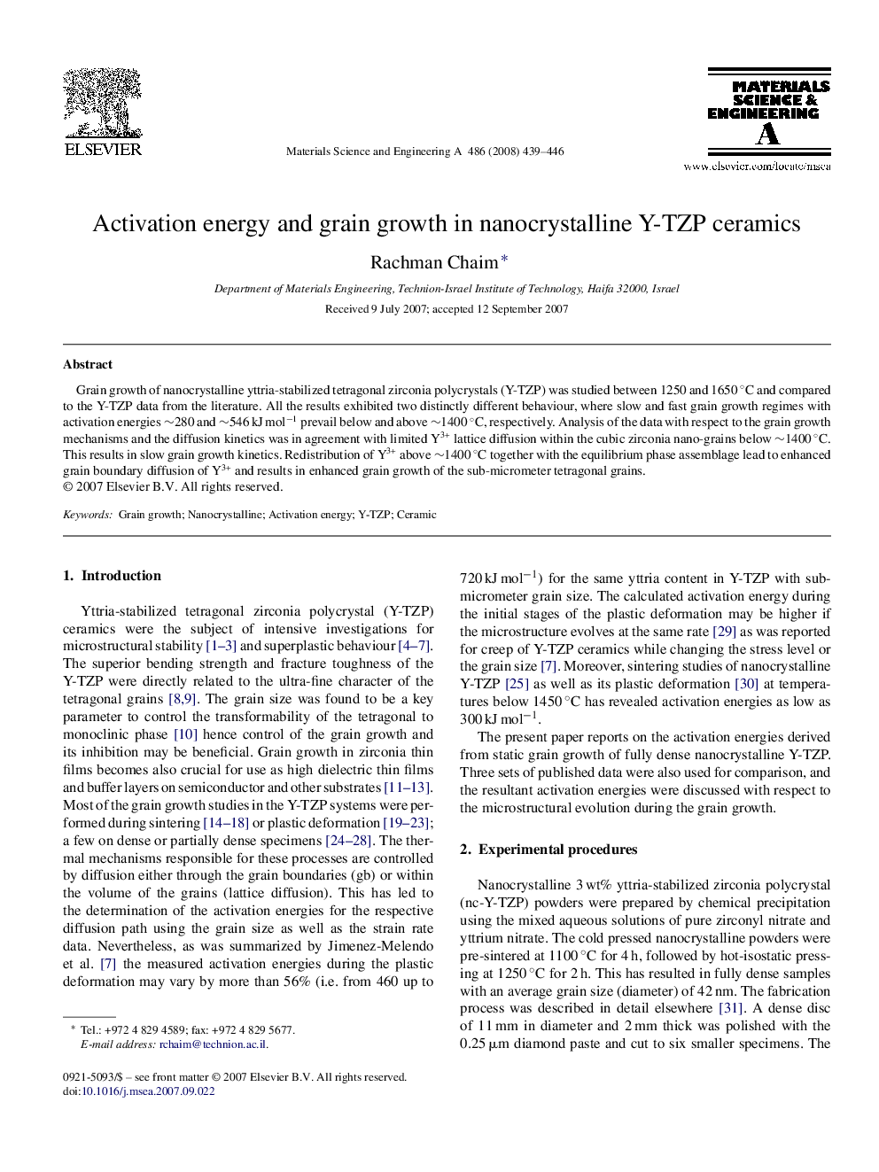 Activation energy and grain growth in nanocrystalline Y-TZP ceramics