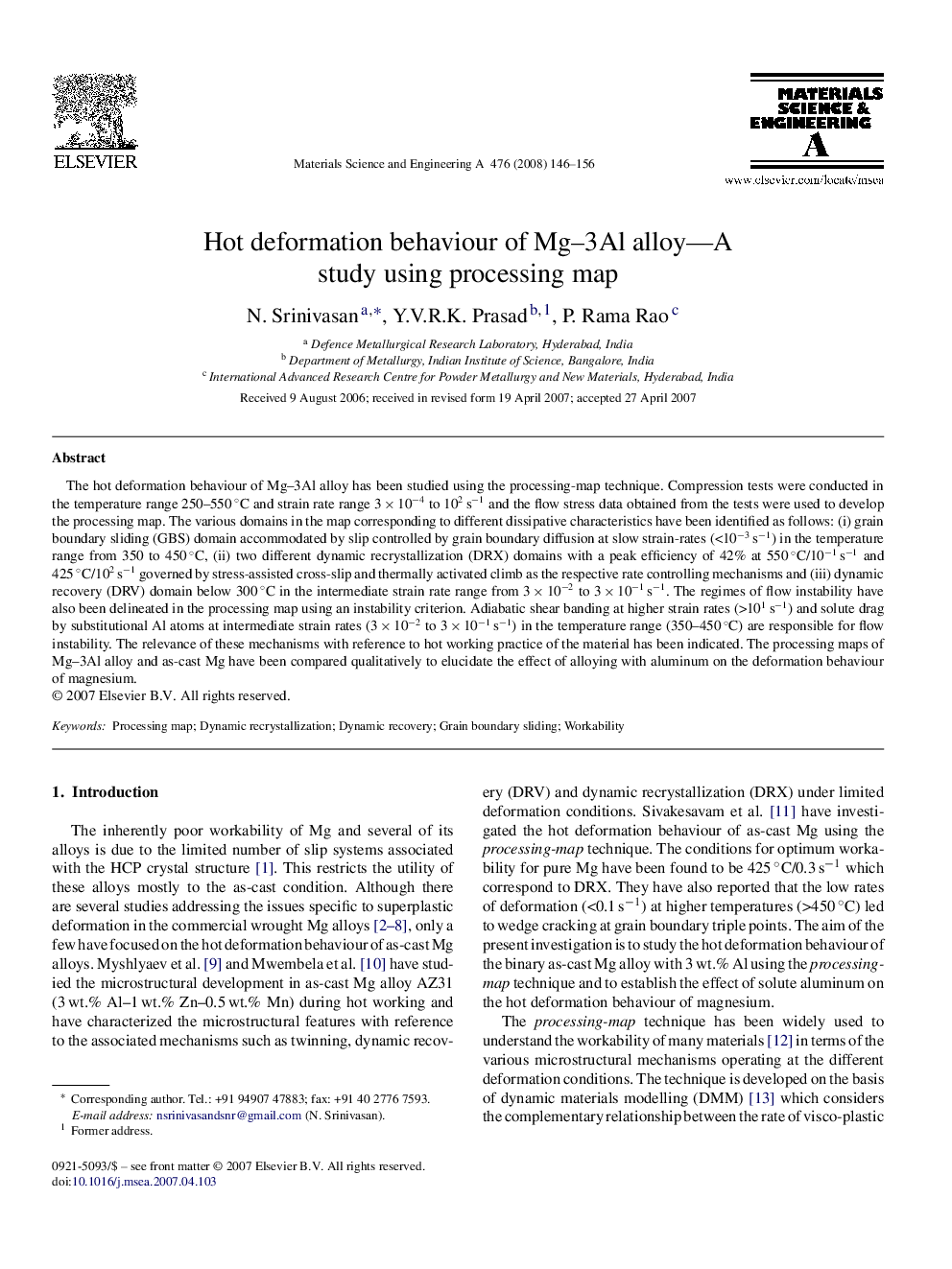 Hot deformation behaviour of Mg–3Al alloy—A study using processing map