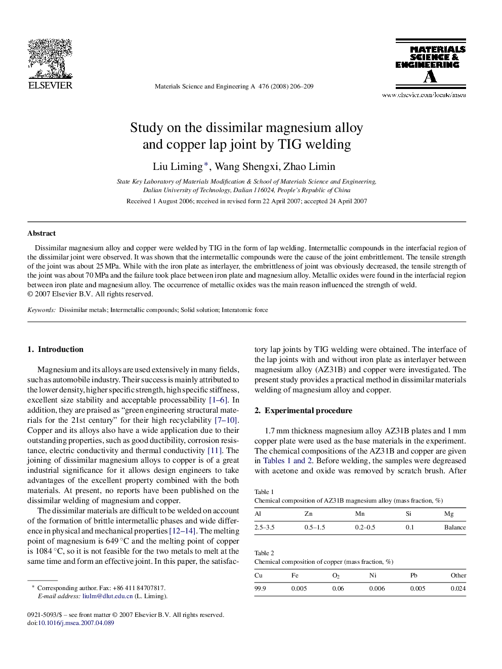 Study on the dissimilar magnesium alloy and copper lap joint by TIG welding