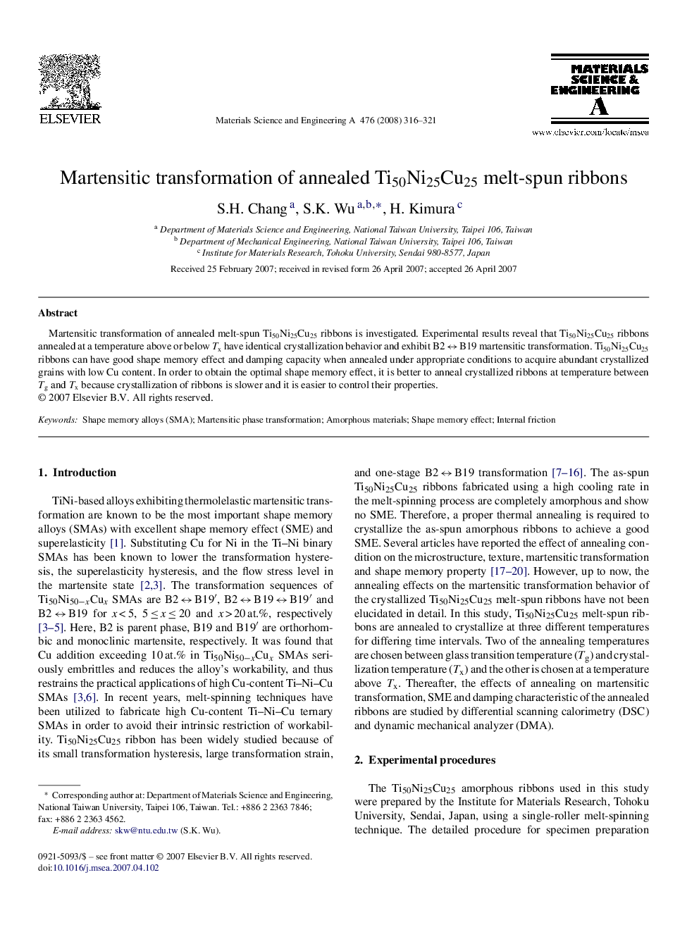 عکس صفحه اول مقاله: Martensitic transformation of annealed Ti50Ni25Cu25 melt-spun ribbons Martensitic transformation of annealed Ti50Ni25Cu25 melt-spun ribbons