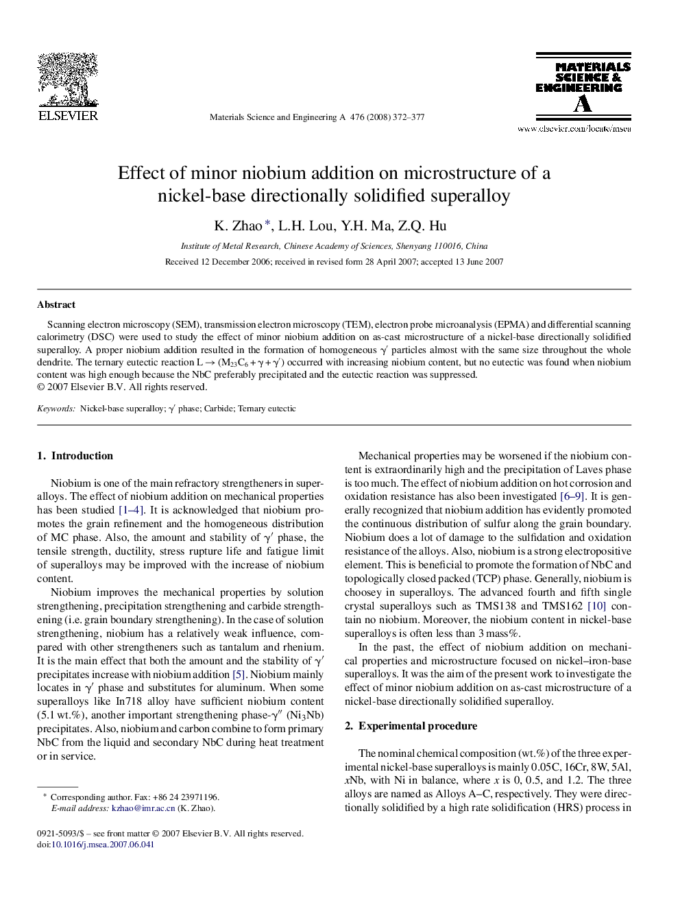 Effect of minor niobium addition on microstructure of a nickel-base directionally solidified superalloy