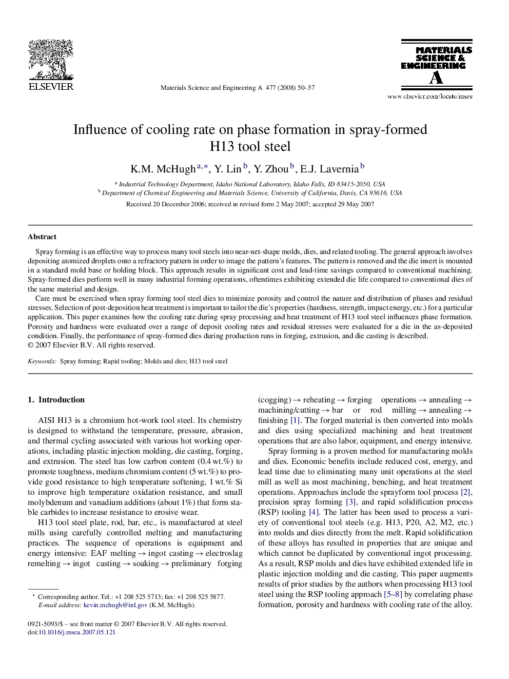 Influence of cooling rate on phase formation in spray-formed H13 tool steel