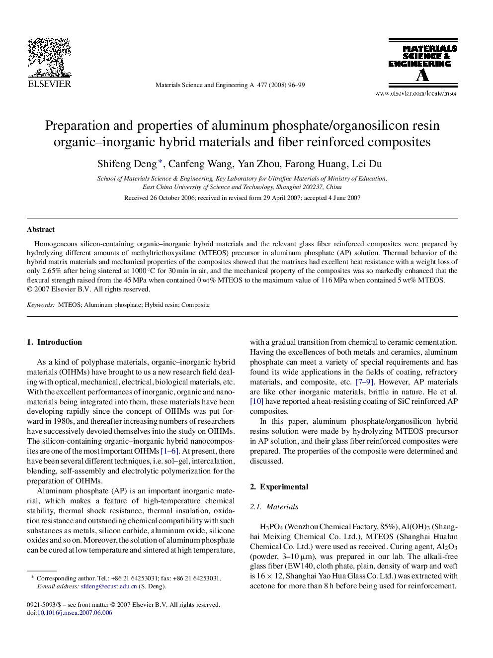 Preparation and properties of aluminum phosphate/organosilicon resin organic–inorganic hybrid materials and fiber reinforced composites