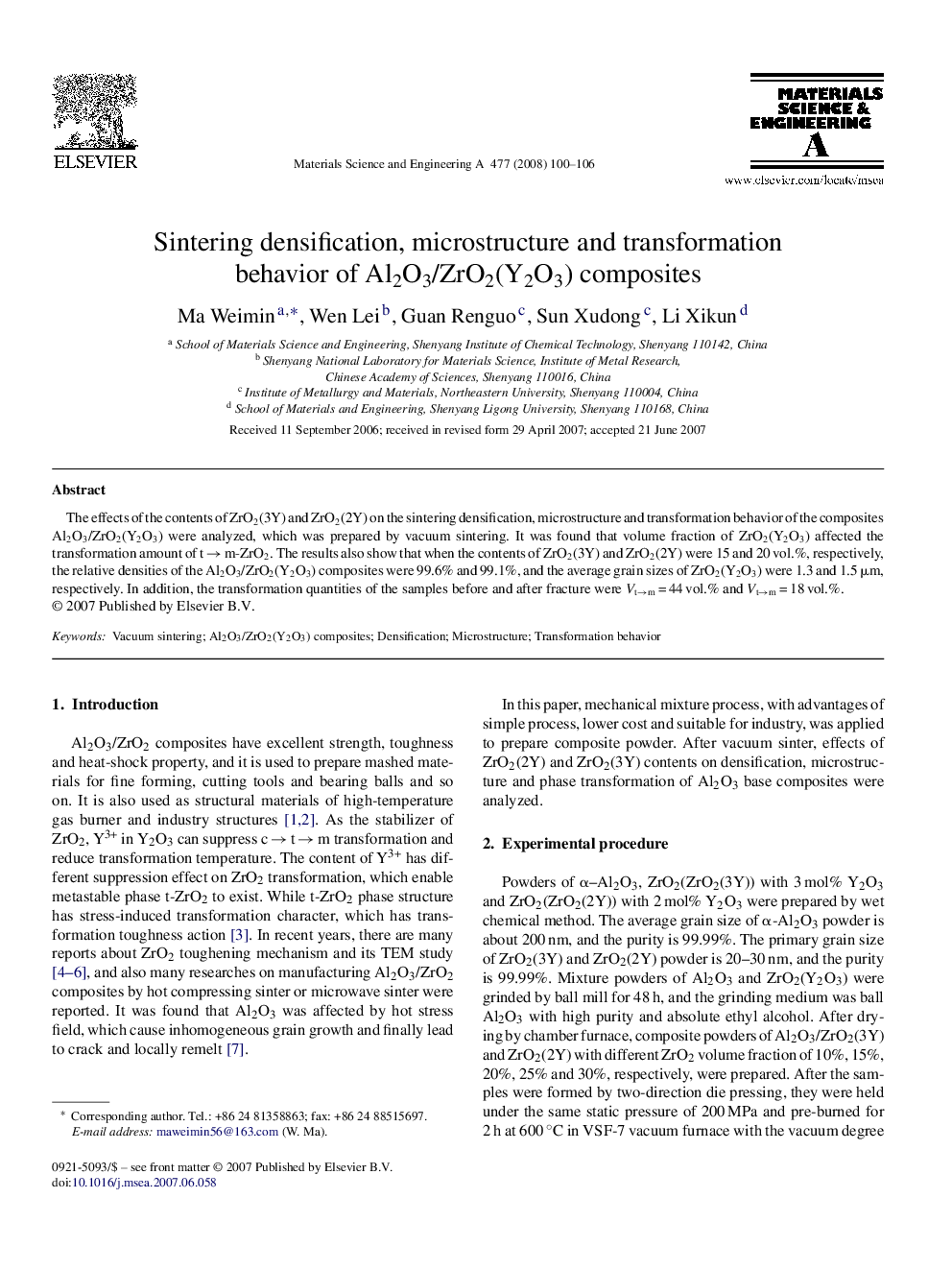 Sintering densification, microstructure and transformation behavior of Al2O3/ZrO2(Y2O3) composites