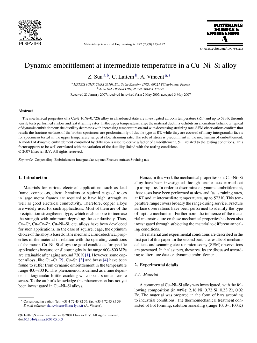Dynamic embrittlement at intermediate temperature in a Cu–Ni–Si alloy