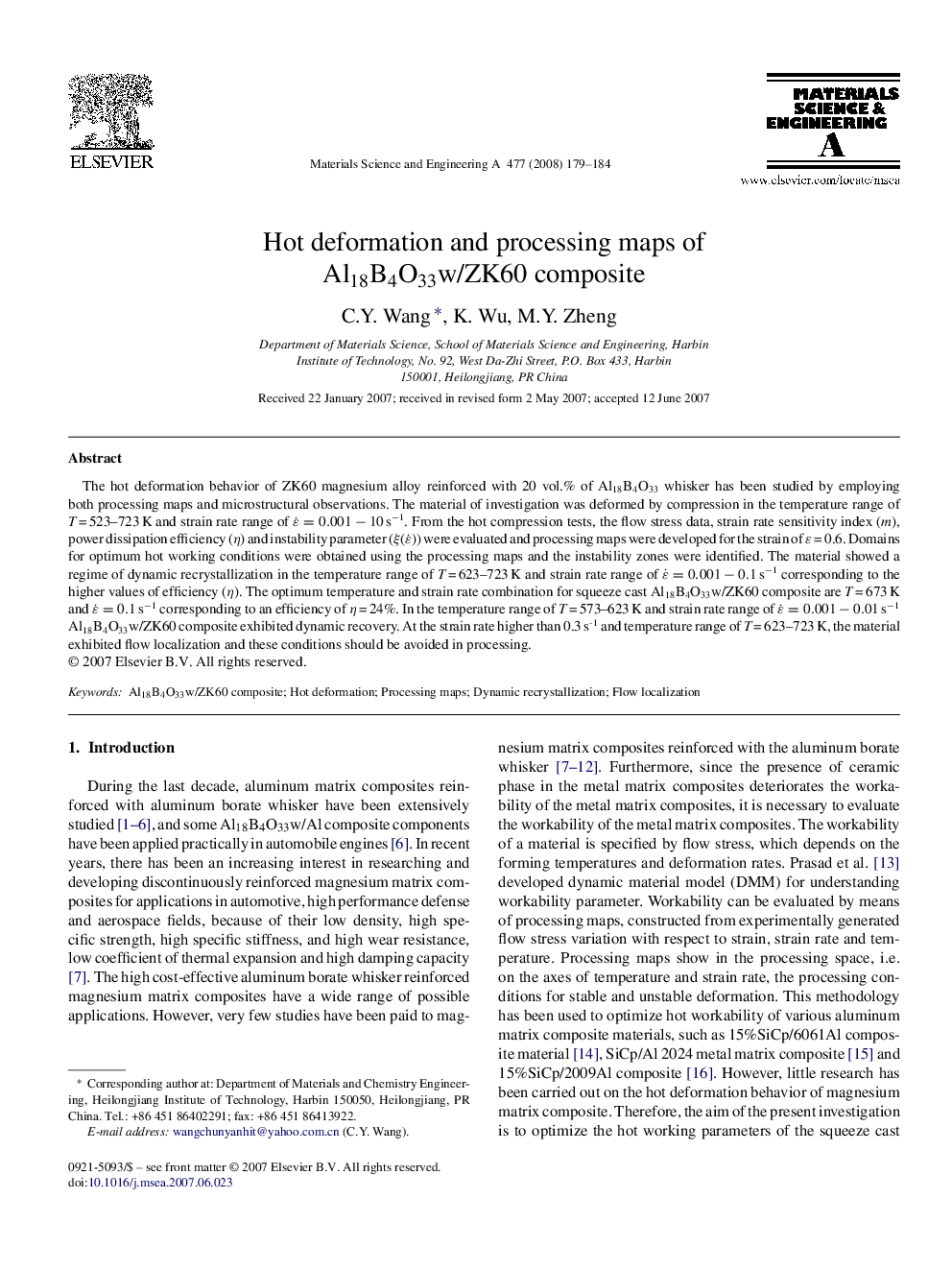 Hot deformation and processing maps of Al18B4O33w/ZK60 composite