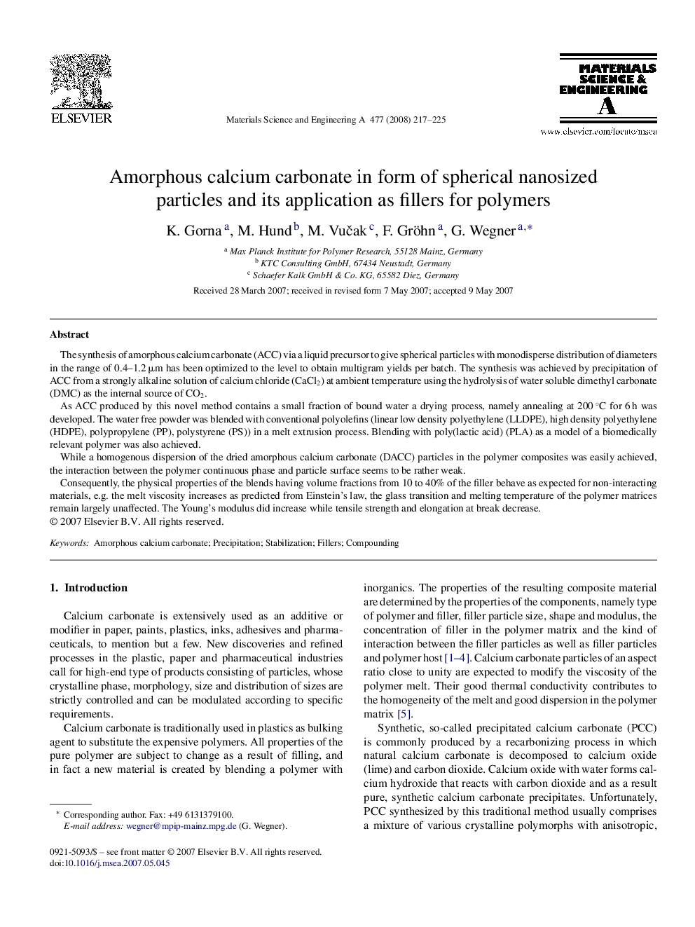 Amorphous calcium carbonate in form of spherical nanosized particles and its application as fillers for polymers