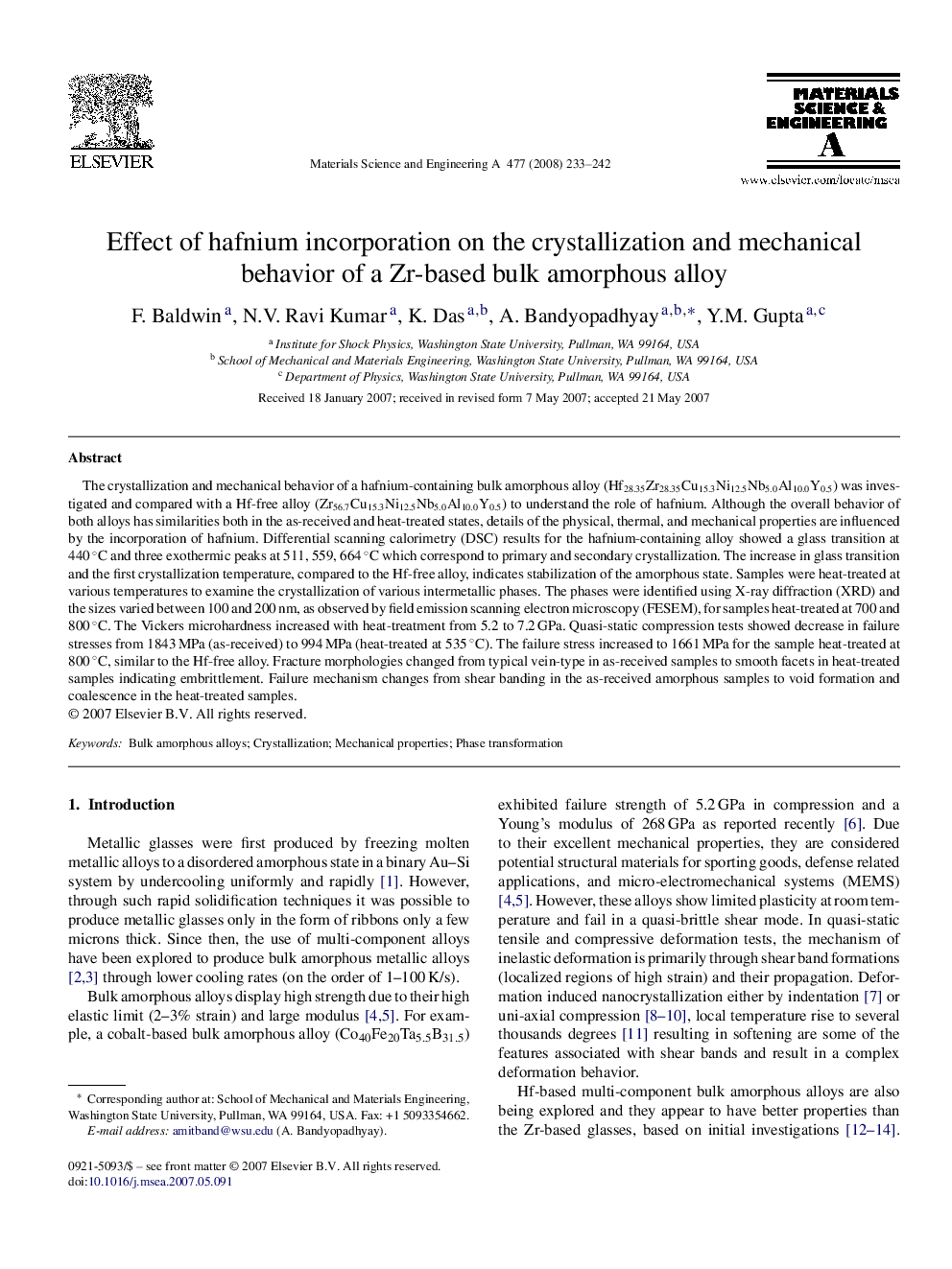 Effect of hafnium incorporation on the crystallization and mechanical behavior of a Zr-based bulk amorphous alloy