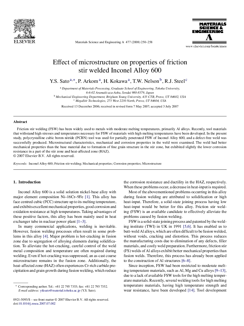 Effect of microstructure on properties of friction stir welded Inconel Alloy 600