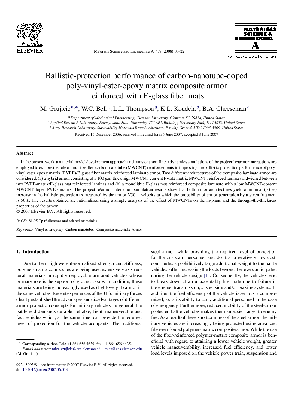 Ballistic-protection performance of carbon-nanotube-doped poly-vinyl-ester-epoxy matrix composite armor reinforced with E-glass fiber mats