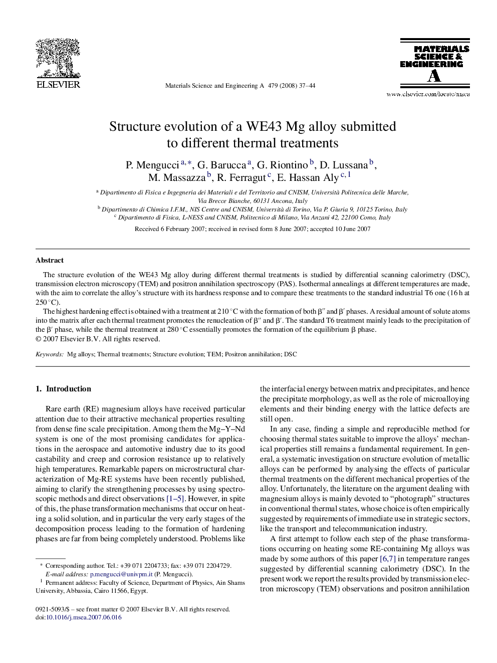 Structure evolution of a WE43 Mg alloy submitted to different thermal treatments