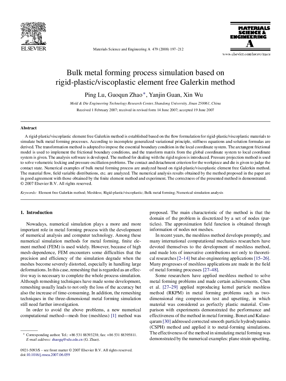 Bulk metal forming process simulation based on rigid-plastic/viscoplastic element free Galerkin method