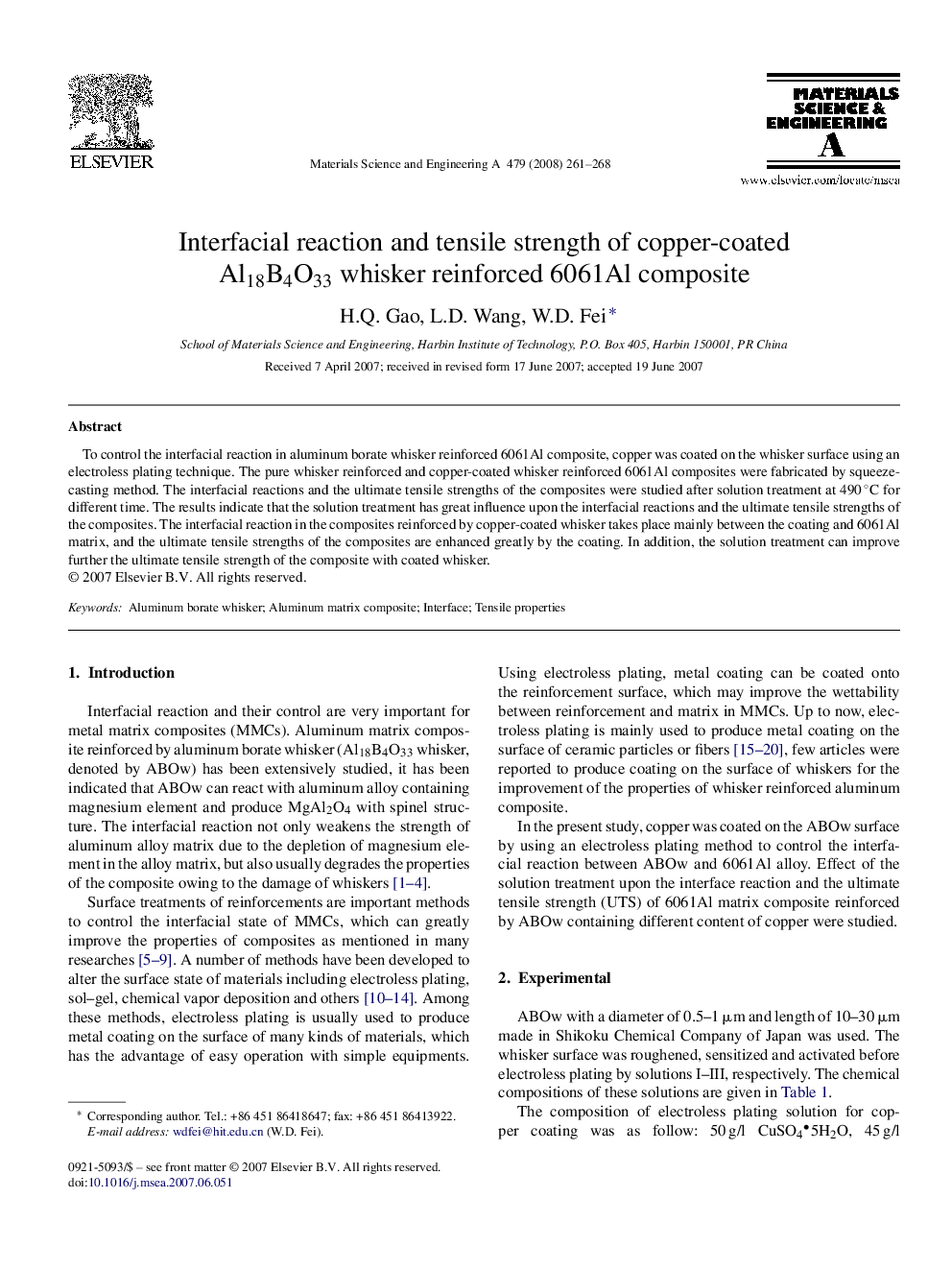 Interfacial reaction and tensile strength of copper-coated Al18B4O33 whisker reinforced 6061Al composite