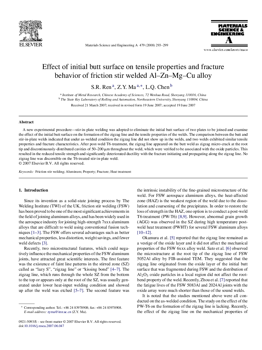 Effect of initial butt surface on tensile properties and fracture behavior of friction stir welded Al–Zn–Mg–Cu alloy