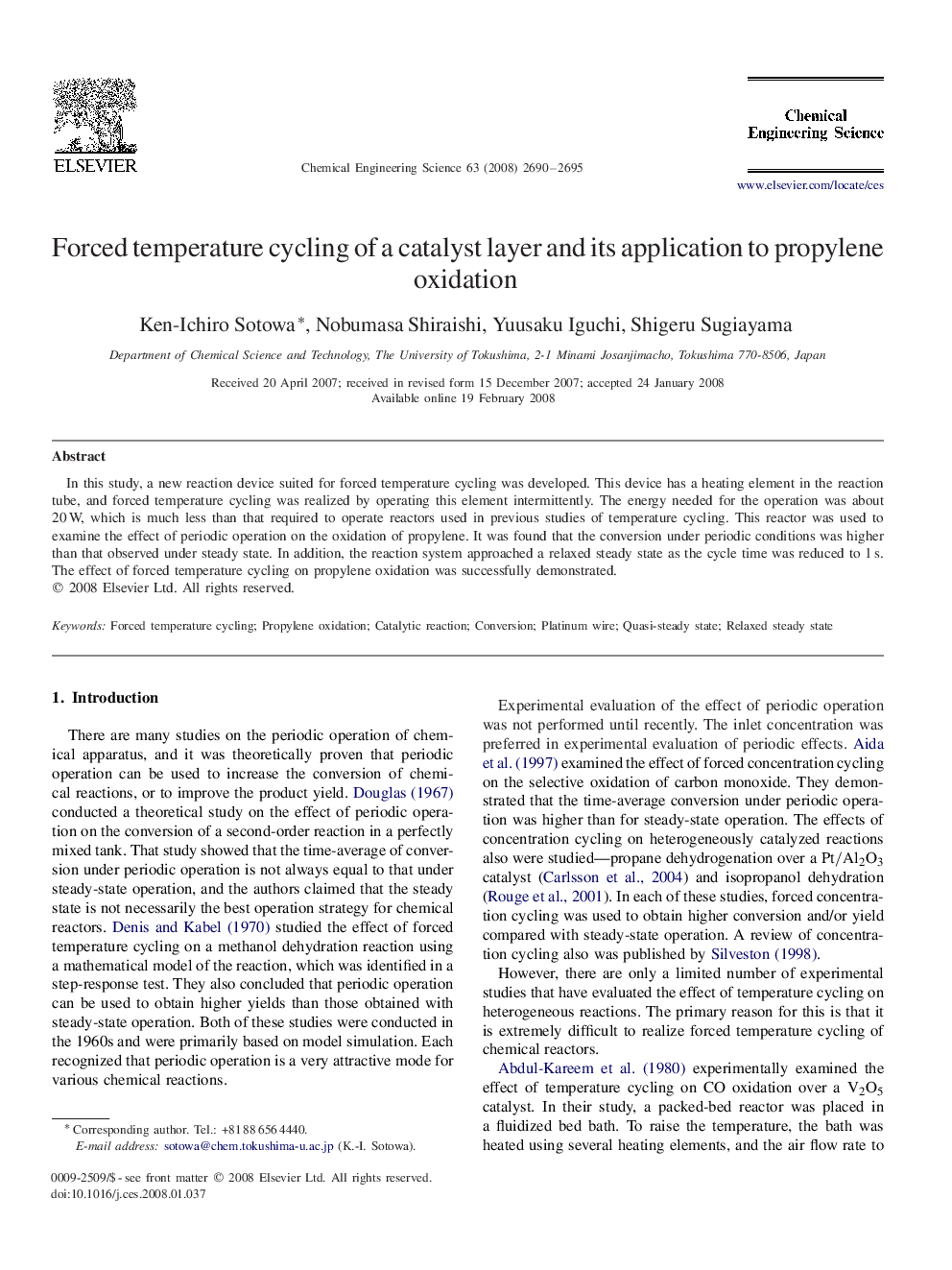 عکس صفحه اول مقاله: Forced temperature cycling of a catalyst layer and its application to propylene oxidation Forced temperature cycling of a catalyst layer and its application to propylene oxidation