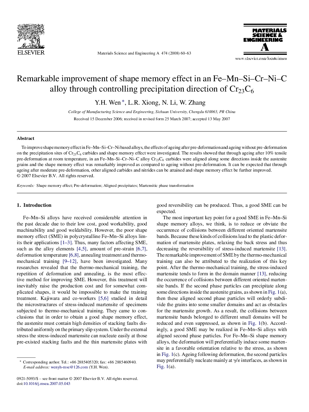 Remarkable improvement of shape memory effect in an Fe–Mn–Si–Cr–Ni–C alloy through controlling precipitation direction of Cr23C6