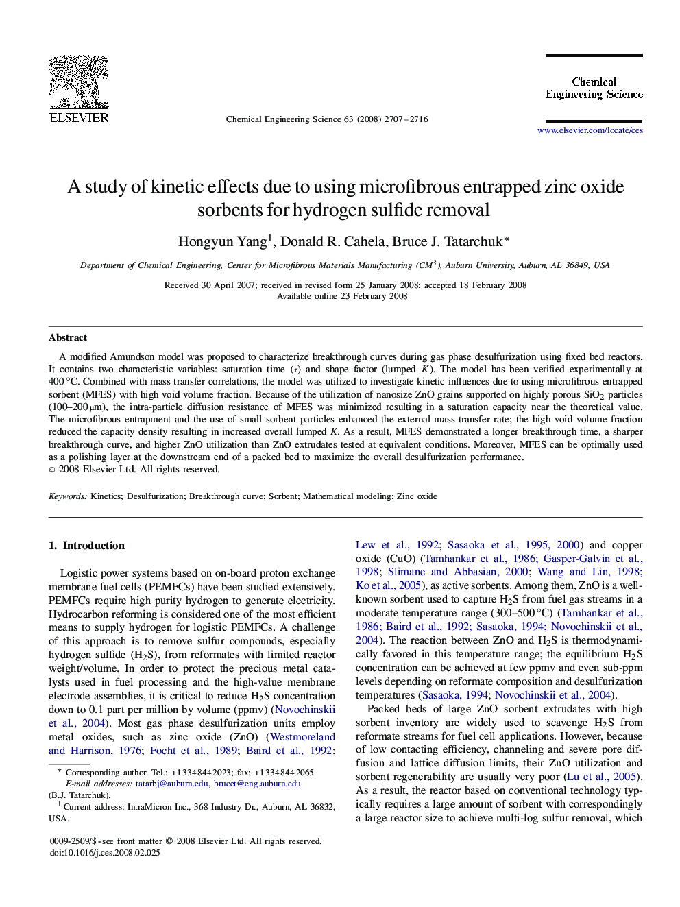 عکس صفحه اول مقاله: A study of kinetic effects due to using microfibrous entrapped zinc oxide sorbents for hydrogen sulfide removal A study of kinetic effects due to using microfibrous entrapped zinc oxide sorbents for hydrogen sulfide removal