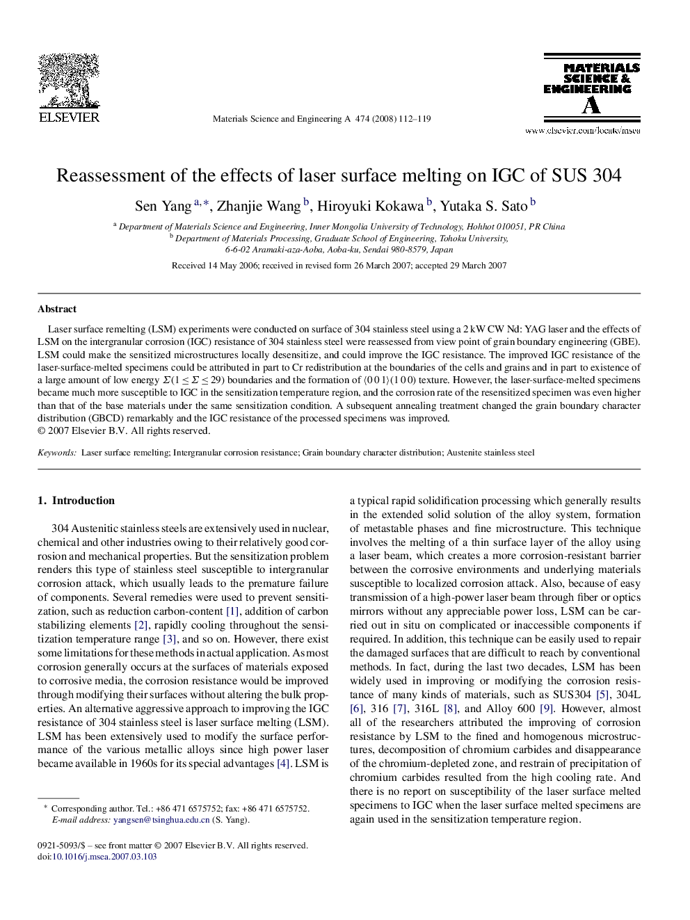 Reassessment of the effects of laser surface melting on IGC of SUS 304