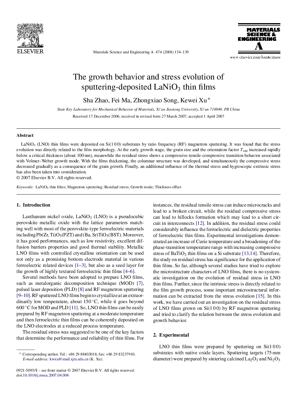 The growth behavior and stress evolution of sputtering-deposited LaNiO3 thin films