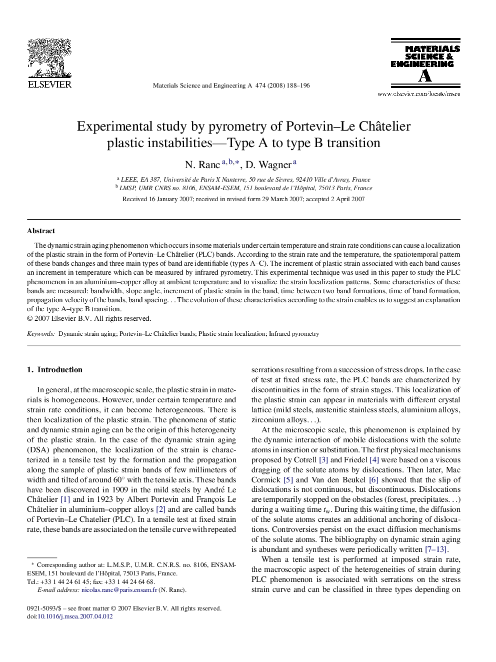 Experimental study by pyrometry of Portevin–Le Châtelier plastic instabilities—Type A to type B transition