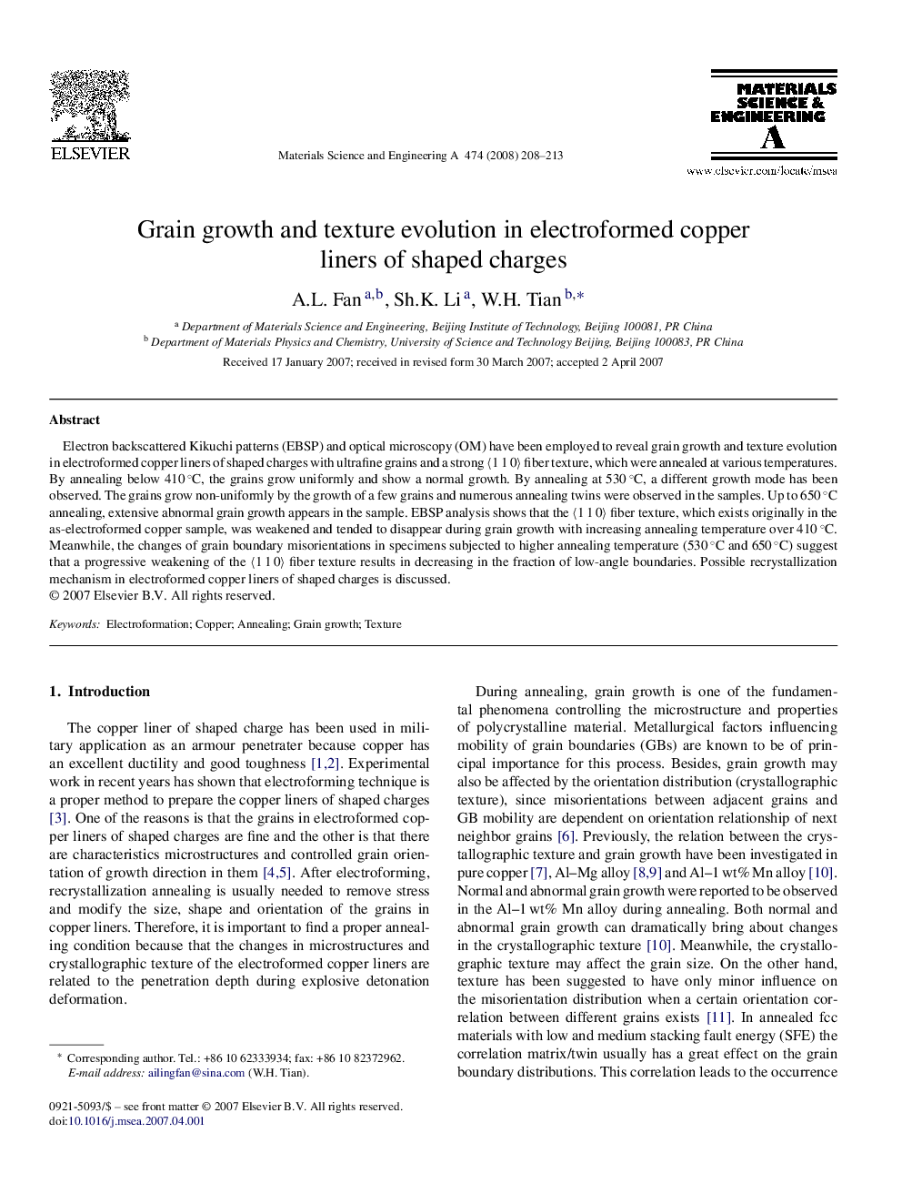 Grain growth and texture evolution in electroformed copper liners of shaped charges