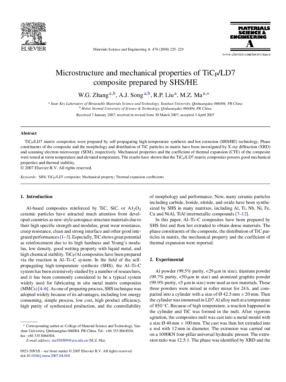 Microstructure and mechanical properties of TiCP/LD7 composite prepared by SHS/HE