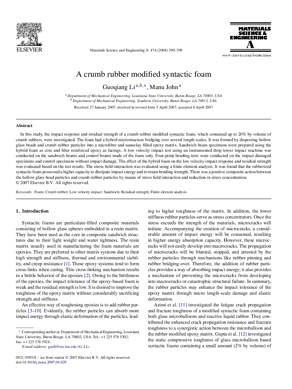 A crumb rubber modified syntactic foam