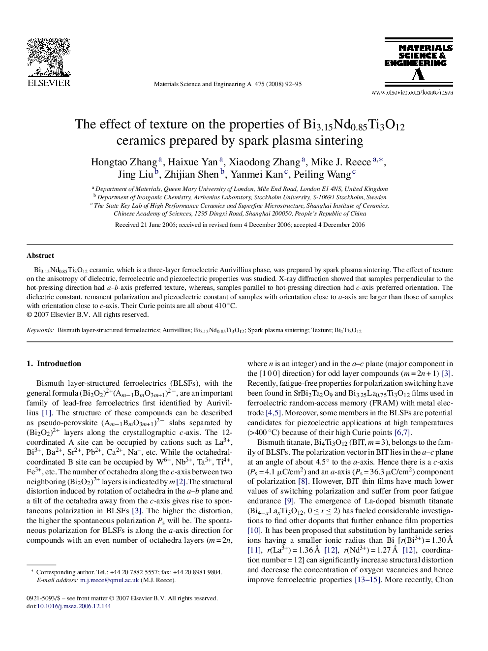 The effect of texture on the properties of Bi3.15Nd0.85Ti3O12 ceramics prepared by spark plasma sintering