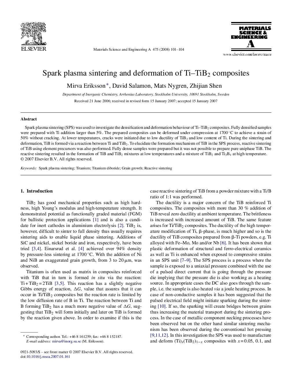 Spark plasma sintering and deformation of Ti–TiB2 composites