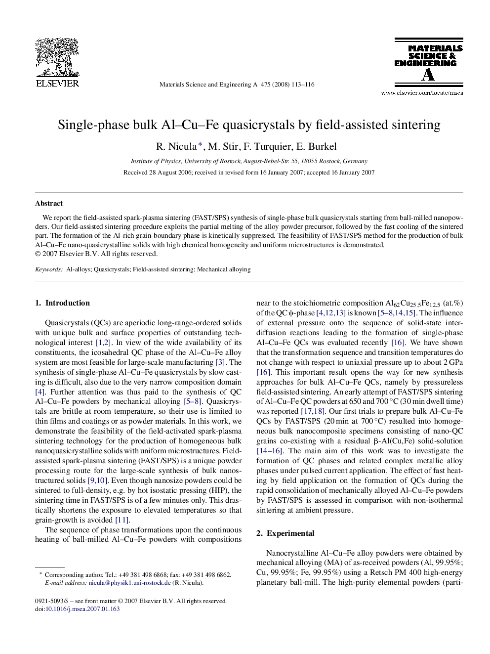 Single-phase bulk Al-Cu-Fe quasicrystals by field-assisted sintering