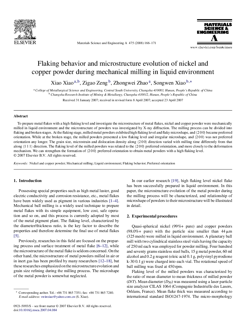 Flaking behavior and microstructure evolution of nickel and copper powder during mechanical milling in liquid environment