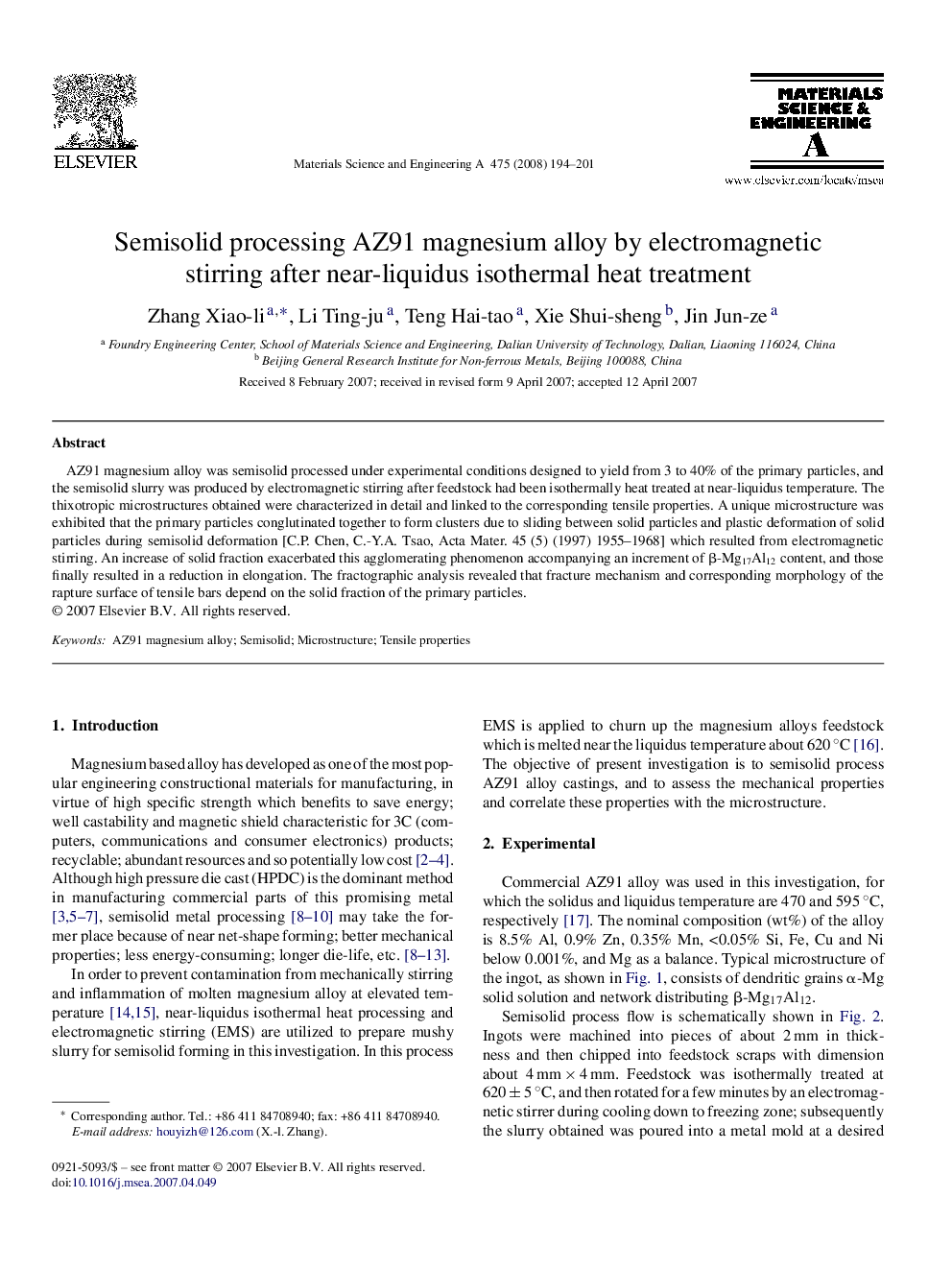 Semisolid processing AZ91 magnesium alloy by electromagnetic stirring after near-liquidus isothermal heat treatment