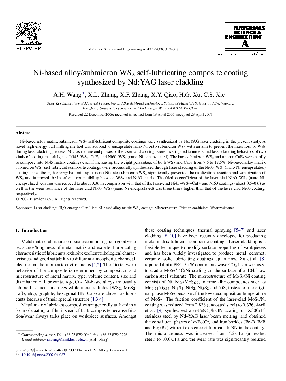 Ni-based alloy/submicron WS2 self-lubricating composite coating synthesized by Nd:YAG laser cladding