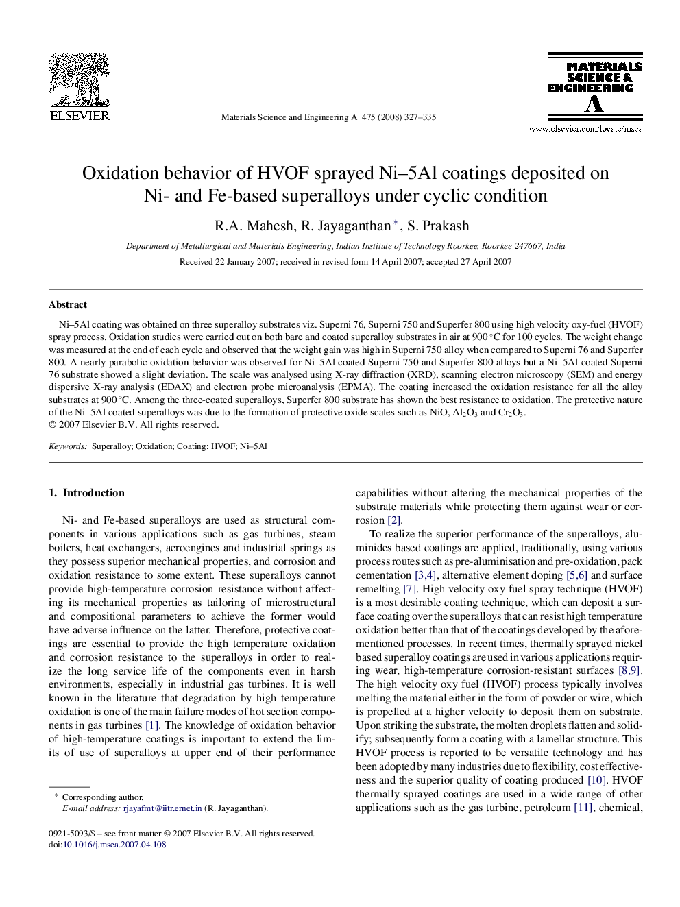 Oxidation behavior of HVOF sprayed Ni–5Al coatings deposited on Ni- and Fe-based superalloys under cyclic condition