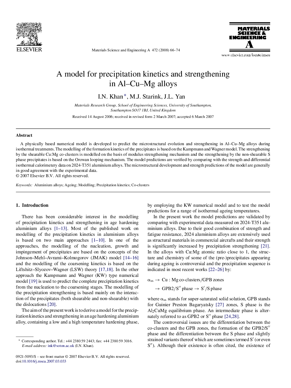 A model for precipitation kinetics and strengthening in Al–Cu–Mg alloys