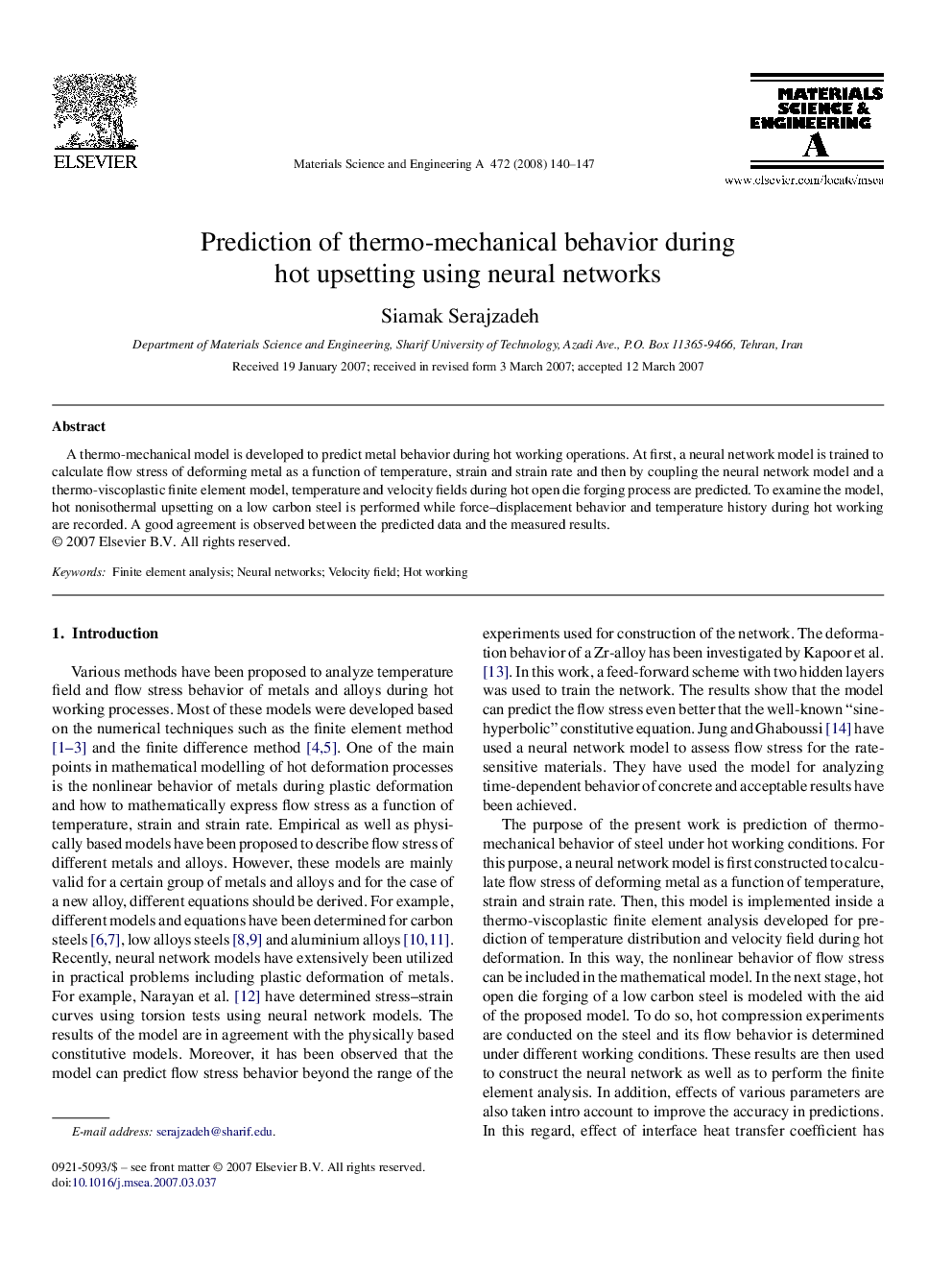 Prediction of thermo-mechanical behavior during hot upsetting using neural networks