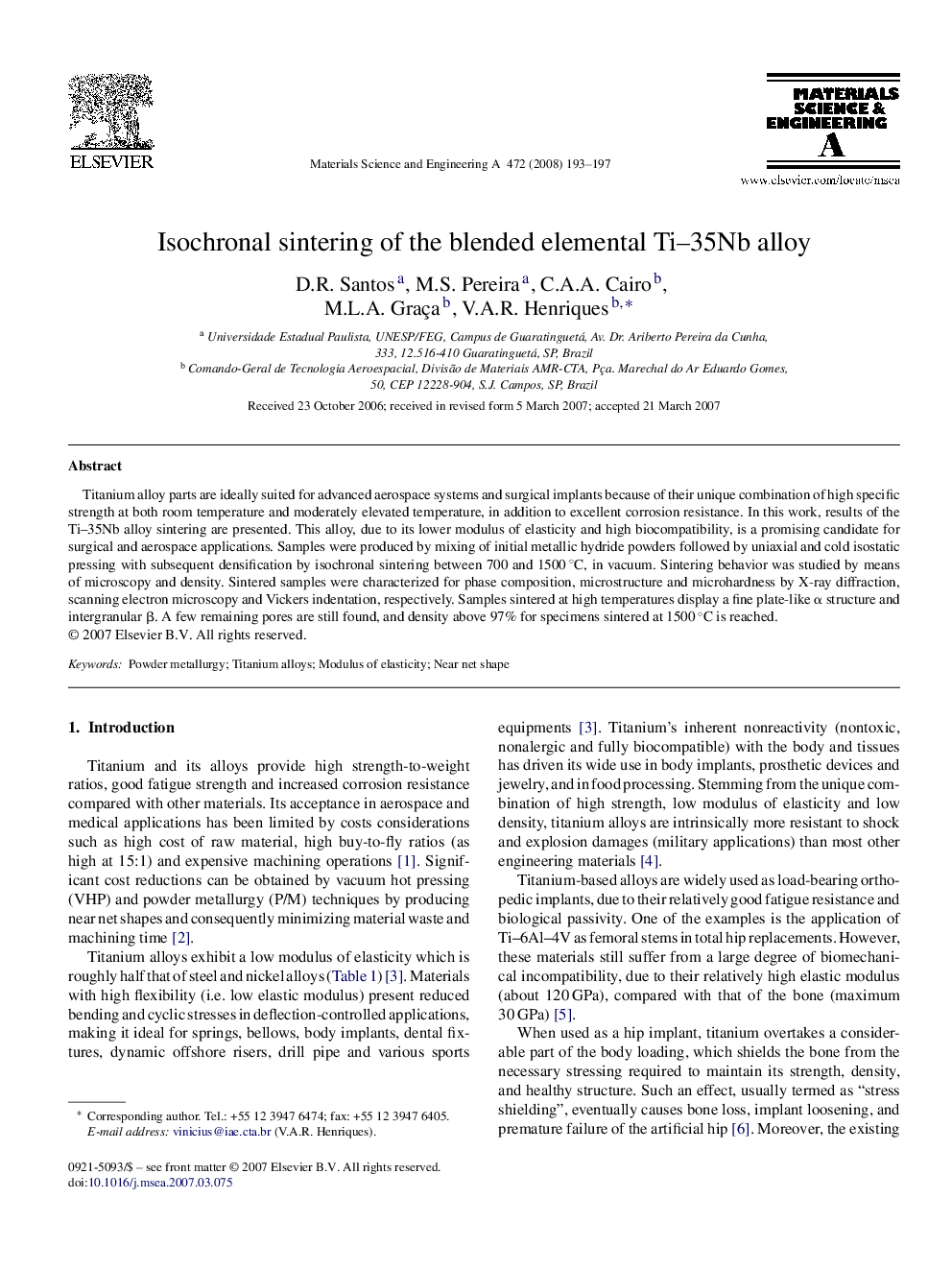 Isochronal sintering of the blended elemental Ti–35Nb alloy